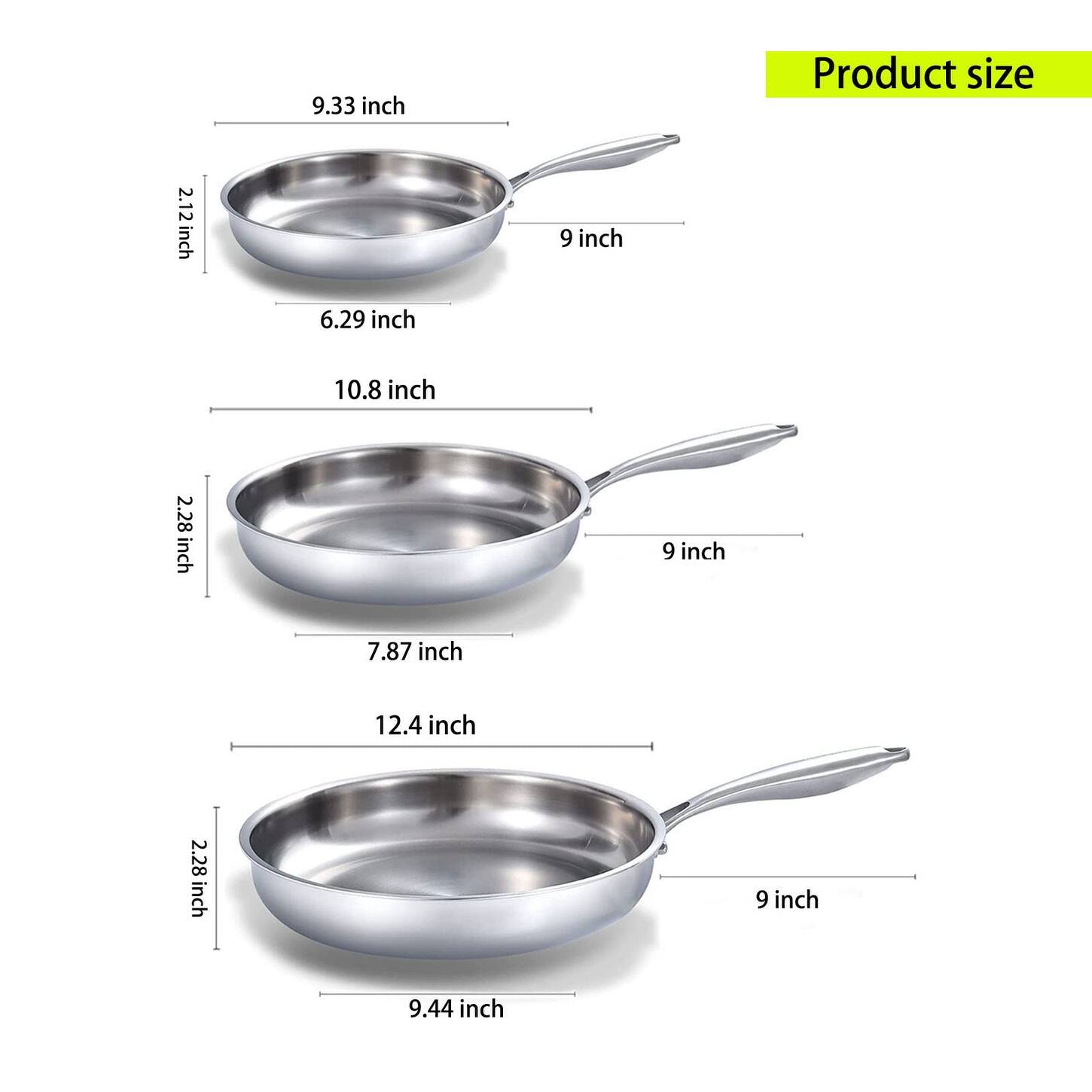 Stainless Steel Frying Pan Set, 8"/10"/12" Cooking Pans, Kitchen